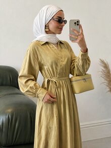 Solavon Women's Spring/Autumn Casual Contrast Lace Trim Tie Waist Shirt Dress - Light Yellow - View 6
