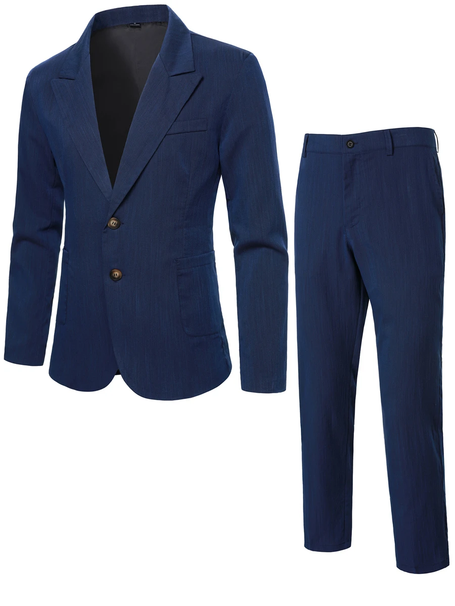 Manfinity Mode Men's Solid Color Long Sleeve Jacket And Pants Casual Daily Suit Set - Navy Blue - View 1