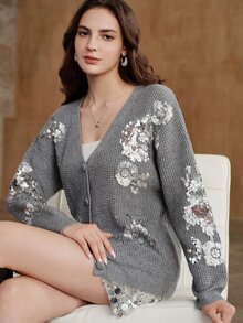 Anewsta Elegant Long Sleeve Gentle Style Multi-Color Embroidered Decoration Large Placket Commute Outfit Women's Cardigan - Grey - View 2
