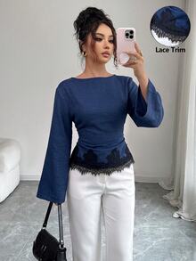 Siren Gaze 女款蕾絲拼接百褶休閒法式優雅百搭日常穿著襯衫 早午餐秋季 - 藏蓝色 - 查看 4