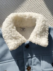 SHEIN 兒童小男孩保暖內裡厚磅燈芯絨翻領夾克，保暖外套，冬季外套，夾克，羊毛，厚實，幼兒冬季衣物 - 霧霾藍 - 查看 7