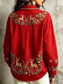 NostaNoir Women's Christmas Floral Print Button-Down Casual Daily Blouse - Multicolor - View 2