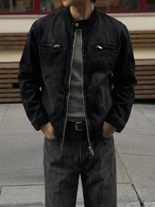 DAZY Spring/Autumn Black Washed Distressed Street Style Korean Fashion Men's Denim Jacket - Dark Grey - View 5