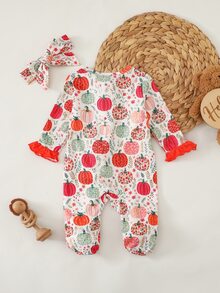 SHEIN Newborn Baby Cute Knitted Casual Cartoon Pattern Romper & Headband Set - Apricot - View 2