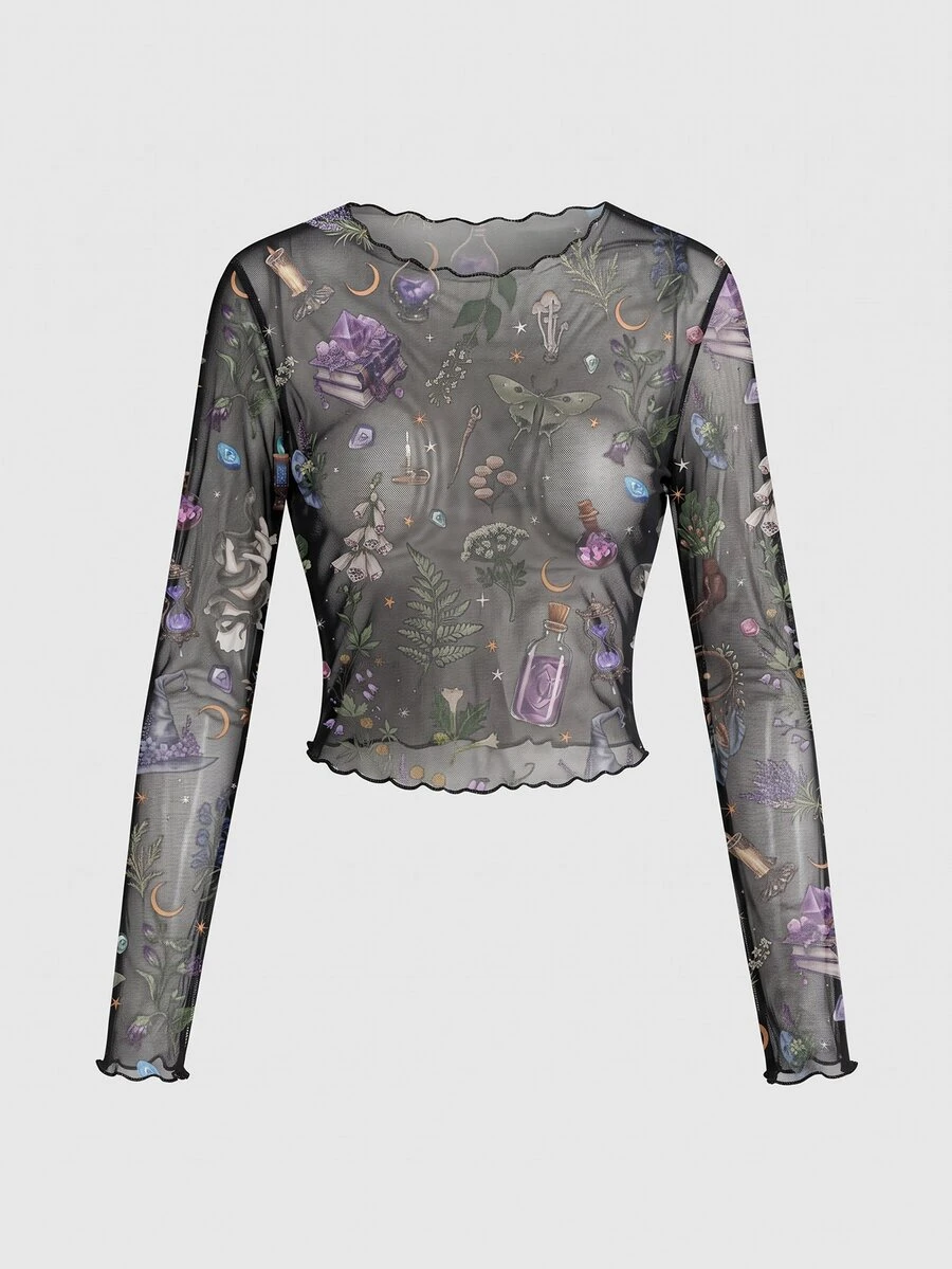 ROMWE Goth Butterfly Moth Sun Moon Stars Sexy Mesh Sheer Long Sleeve Women's Top - Black - View 1