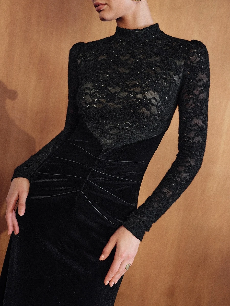 MOTF PREMIUM WOMEN'S AUTUMN/WINTER LACE PATCHWORK VELVET STRUCTURED DESIGN ELEGANT LONG DRESS - Black - View 1