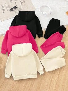 女童黑色粉色可愛卡通剪影連帽衛衣與運動長褲套裝，家庭套裝返校休閒圖案印花秋季時尚穿搭 - 彩色 - 查看 2