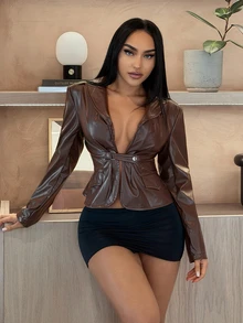 SHEIN SXY Women's Solid Color PU Leather Lapel Neck Long Sleeve Fashion Blazer - Coffee Brown - View 3