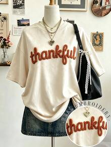Collagica Collagica Autumn Vibes Thanksgiving Thankful Embroidery Drop-Shoulder Casual T-Shirt, Christian Gift Personalized T-Shirt, Autumn T-Shirt Fashion Gift - Apricot - View 1