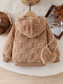 Elladie kids 女童春夏/秋冬毛絨連帽外套，格紋紋理抓絨拉鍊外套，搭配同款愛心造型斜挎包，可愛休閒外套，適合女童日常出遊、家庭旅行與拍照 - 卡其色 - 查看 2