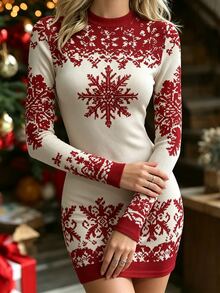 NostaNoir Women's Snowflake Pattern Round Neck Long Sleeve Slim Fit Casual Short Dress - Red and White - View 3