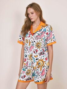 LOONEY TUNES X SHEIN Women's All-Over Print Short Sleeve Top And Shorts Casual Daily Home Sleepwear Set - Orange - View 4