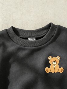 SHEIN Playful Pals 法式風格男嬰 0-3 歲 2 件組深灰色運動衫套裝，圓領熊圖案運動衫搭配條紋長褲，適合外出、上學等多種場合 - 彩色 - 查看 3