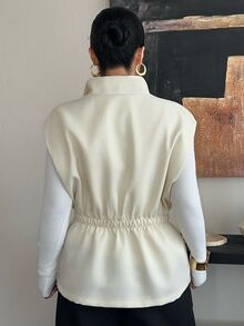 Dazy Plus Small Stand Collar Sleeveless Cinched Waist Tie Casual Loose Regular Fit Jacket - Beige - View 2