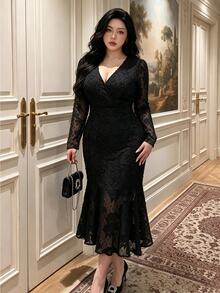 Vibekara Elegant French Style V-Neck Jacquard Fish Tail Hem Long Sleeve Plus Size Women's Dress For Early Autumn Commute And Party Fall - Black - View 5