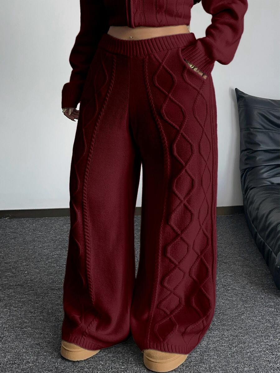 POPSWAY Plus Size Women's Spring/Autumn/Winter Vintage Cable Knit Slouchy Relaxed Fit Solid Apricot High Waist Casual Wide Leg Knit Sweater Pants With Pockets, Suitable For Daily Commute/Home Leisure/Outing Date/Fashion Versatile/Spring/Autumn/Winter Outfit - Burgundy - View 1