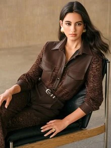Anewsta Women's Autumn/Winter PU Contrast Lace Blouse - Brown - View 1