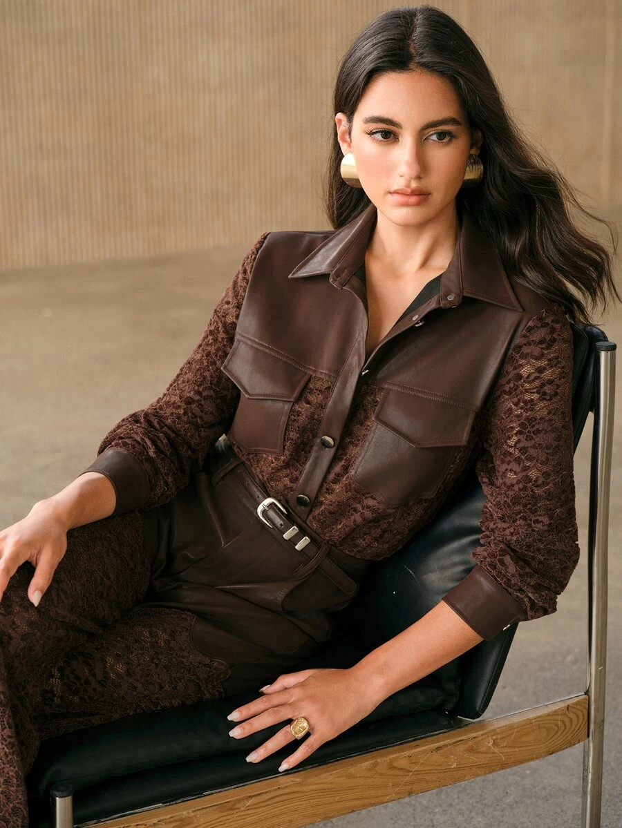 Anewsta Women's Autumn/Winter PU Contrast Lace Blouse - Brown - View 1