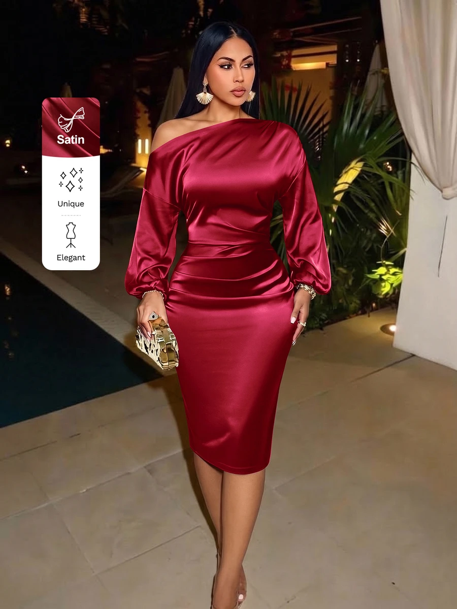 SOLERSUN Asymmetric Neckline Ruched Side Satin Burgundy Bodycon Maxi Dress Women Outfit Fall Party Elegant, Christmas Women's Clothing