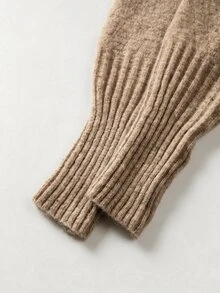 SHEIN 秋冬女款單肩針織鬆垮毛衣，寬袖寬鬆版型，柔軟舒適保暖針織衫 - 卡其色 - 查看 3