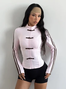 Coolane Women's Side Stripe Frog Button Placket Sports Jacket - Pink - View 3