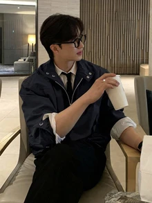 DAZY 春秋款純色海軍藍立領雙拉鍊男士夾克 - 藏蓝色 - 查看 4