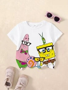 SpongeBob SquarePants | SHEIN 少女卡通圖案印花圓領T恤，適合日常穿著 - 白色 - 查看 1