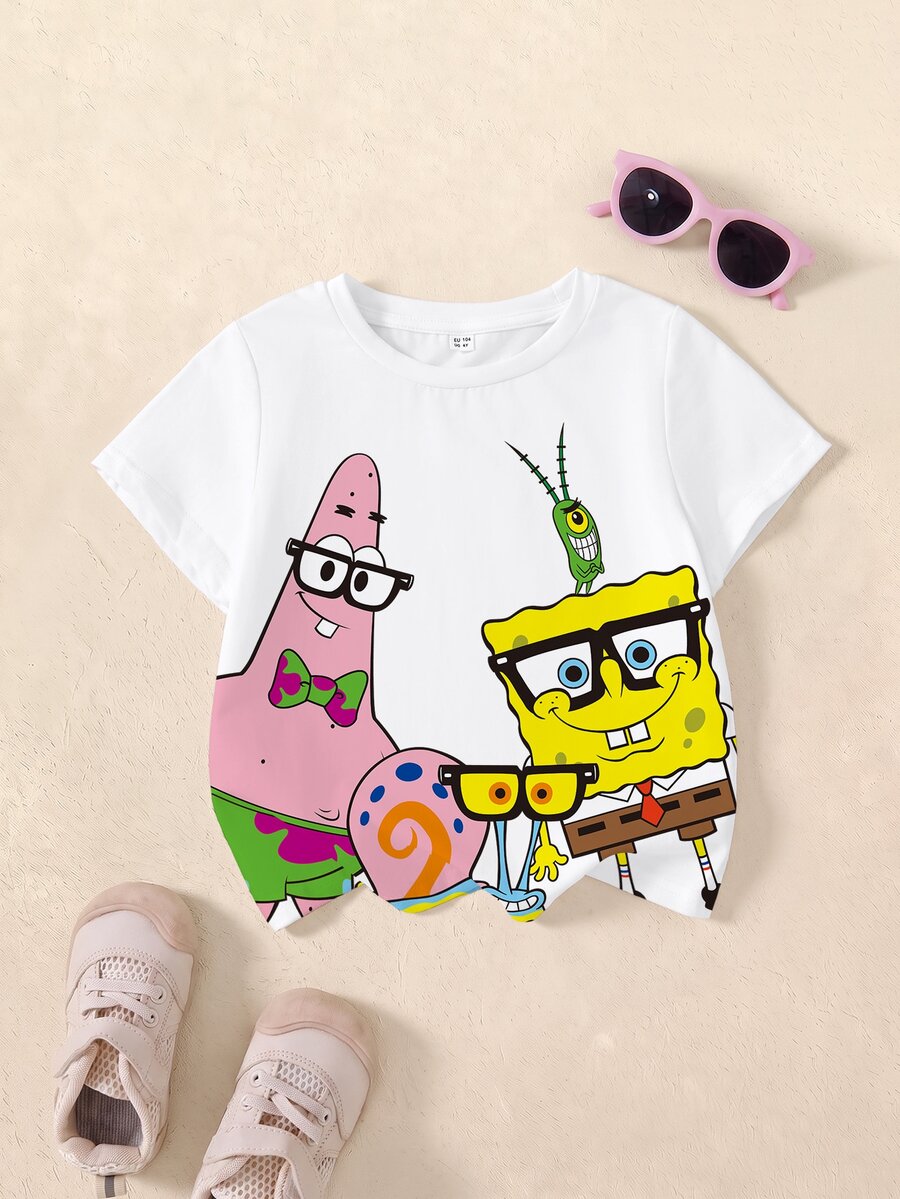 SpongeBob SquarePants | SHEIN 少女卡通圖案印花圓領T恤,適合日常穿著 - 白色 - 查看 1