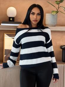 SHEIN SXY Women's New Autumn/Winter Blue And White Striped Pullover Sweater - Blue and White - View 3
