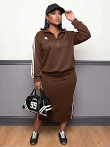 Slaydiva Early Autumn New Arrival Casual Versatile All-Match Style, Suitable For Daily Wear, Street Sports, American Vintage And Other Occasions. All-Match Versatile Sweatshirt Set Black And White Contrast Color Small Logo Pattern Loose Half-Open Front Long Sleeve Contrast Color Webbing Splicing Regular Pullover Sweatshirt + Contrast Color Webbing Splicing Mid-Length Skirt Women's Plus Size Two Pieces Set-A - Rust Brown - View 7