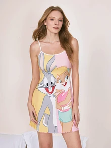 LOONEY TUNES X SHEIN 女款卡通印花休閒日常居家細肩帶睡裙 - 粉色 - 查看 4