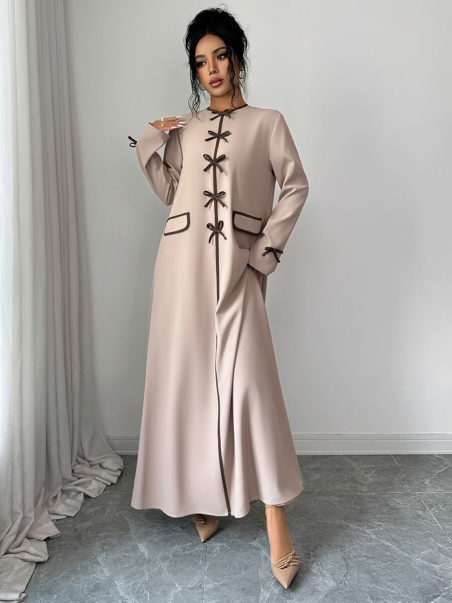 Yasmyna Women's Bow Decor Long Sleeve Elegant Arabian Dress - Khaki - View 1