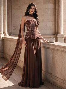 Coutiva Women's Floral Beaded Decor Elegant Cinched Waist Strapless Cocktail Dress - Brown - View 8