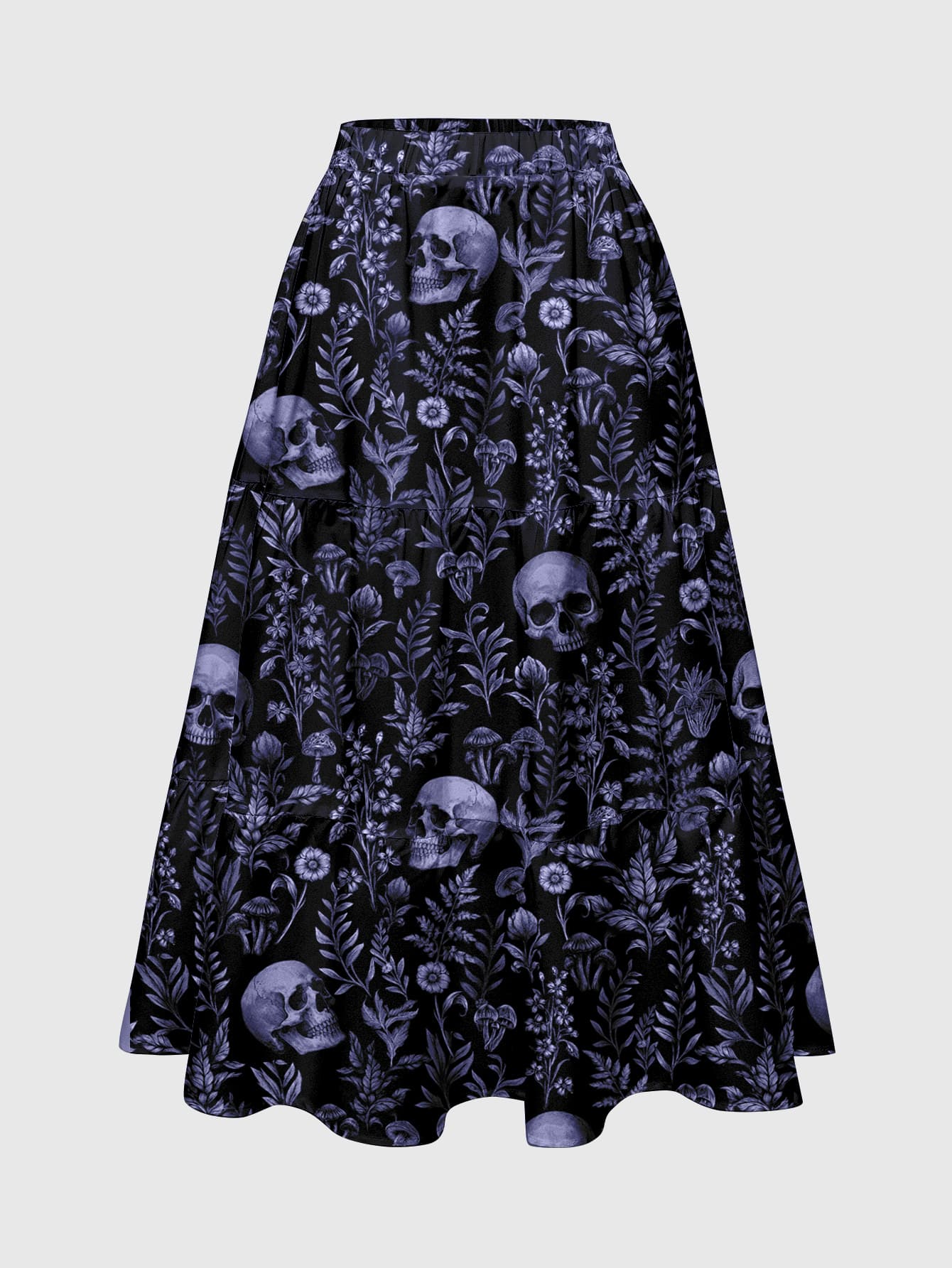 ROMWE Goth 女款植物骷髏印花鬆緊腰休閒裙 - 黑色 - 查看 1