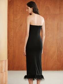 Anewsta Essential Elegant Autumn 's Woven High Elastic Rayon Slim Fit Bodycon Feather Hem Long Dress For Evening Date - Black - View 2