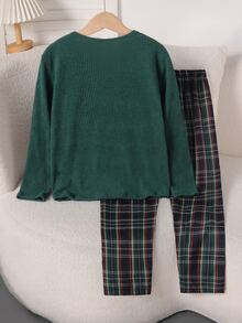 女童居家服 大童女孩羅紋半開胸長袖格紋褲休閒舒適居家服 2件套 - 綠色 - 查看 2