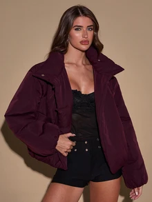 SHEIN BAE معطف شتوي كاجوال للنساء بلون موحد وياقة عالية مبطن دافئ - عنابي اللون - مشاهدة 6
