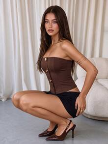 Coastalzia Women's Fashion Commute Solid Color Metal Button Decor Fitted Tube Top - Brown - View 5
