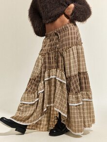 SHEIN Women's Autumn/Winter Bohemian Casual Asymmetrical Plaid Patchwork Voluminous Ruffle Hem Midi Skirt - Brown - View 1