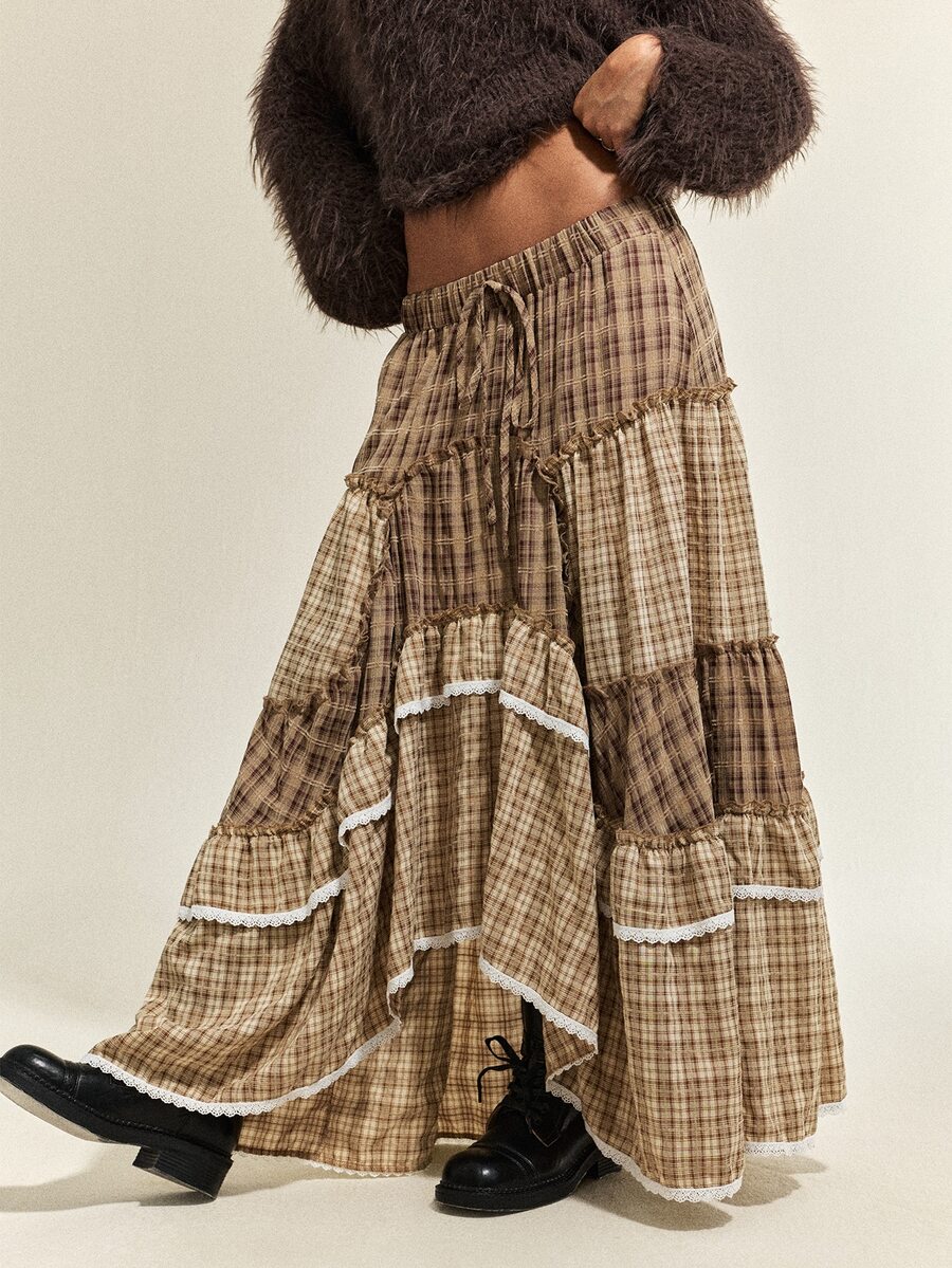 SHEIN Women's Autumn/Winter Bohemian Casual Asymmetrical Plaid Patchwork Voluminous Ruffle Hem Midi Skirt - Brown - View 1