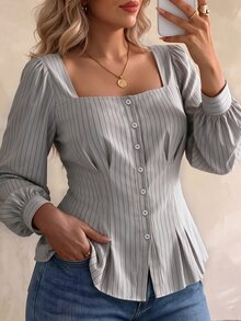 Elegantrix Women's Plus Size Autumn Single Piece Square Neck Button-Up Cinched Waist Ruffle Hem Striped Blouse, Slim Fit French Style Commuter Office Top - Khaki - View 4