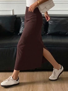 DAZY 女款純色優雅職場直筒開衩鉛筆裙，秋季裙 - 酒紅色 - 查看 5