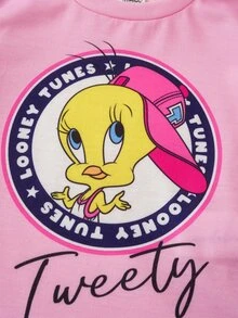 LOONEY TUNES X SHEIN Baby Girl Cartoon Pattern Print Round Neck Short Sleeve Top - Pink - View 4