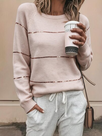 Louniche Automne/Hiver Nouveau Élégant Décontracté Abricot Col Rond Paillettes Rayures Brodé Manches Longues Confortable Mode Femme Tricot Pull