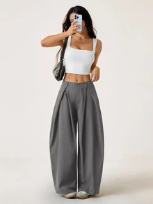 SHEIN PETITE 女款復古休閒寬鬆軍綠色圓弧下擺棉質長褲，舒適，適合嬌小女性 - 深灰色 - 查看 8