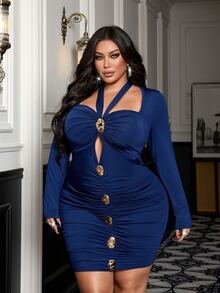 NU&NOW Plus Size Women's Halter Neck Hollow Out Front Slit Metal Buckle Ruched Long Sleeve Fitted Dress Fall Cocktail Party Glamorous Sexy - Blue - View 6