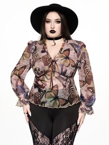 ROMWE Fairycore Vintage Vacation Butterfly Print Front Tie Frill Trim Plus Size Women's Top - Multicolor - View 1