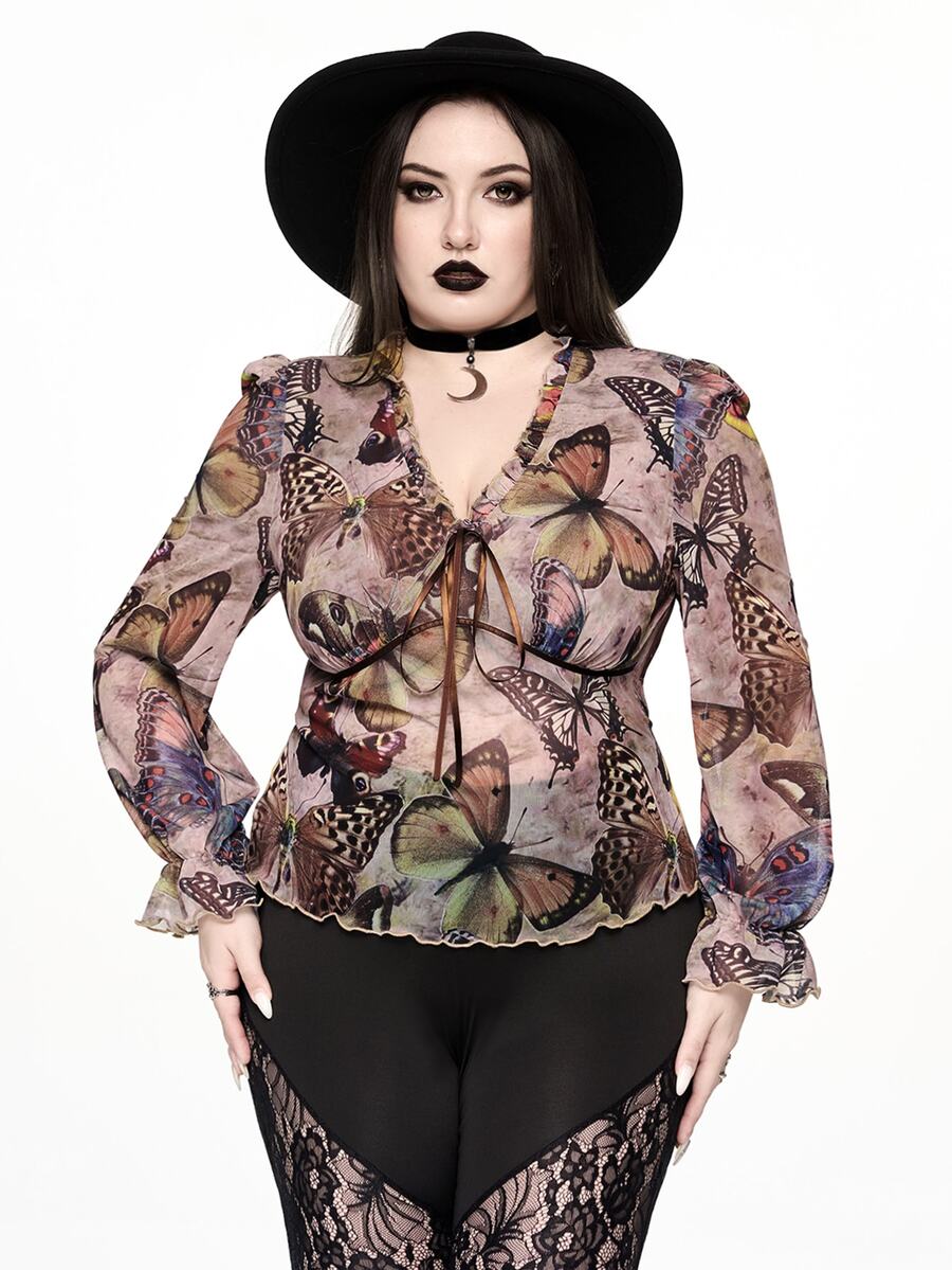 ROMWE Fairycore Vintage Vacation Butterfly Print Front Tie Frill Trim Plus Size Women's Top - Multicolor - View 1