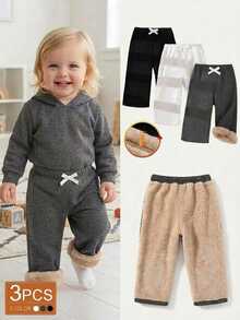 SHEIN Vintaside Kids 3件組幼童女款可愛甜美黑色白色灰色蝴蝶結鬆緊腰長褲 毛絨內裡加厚保暖 秋冬戶外休閒舒適長褲 - 黑色 - 查看 1