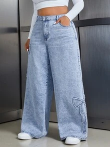 Sunspun Women's Casual Loose Straight Leg Patchwork Bow Embroidery Heavy Wash Denim Jeans - Light Wash - View 6